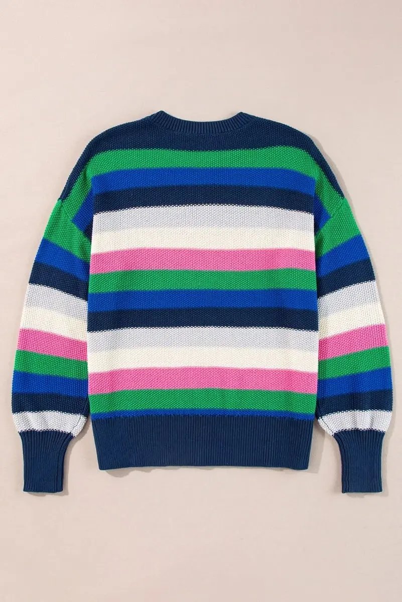 Vibrant Green Striped Drop Shoulder Crew Neck Sweater - Love Salve